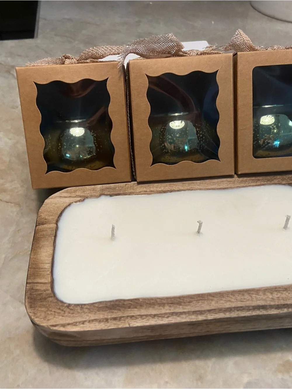 Cream Triple-Wick Tray Candle with Tan Burlap Bow